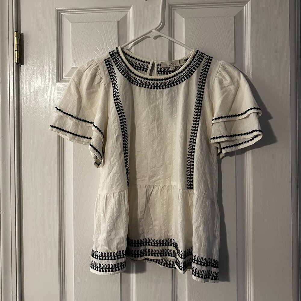 NWT Loft Cream Blouse with Black Embroidery